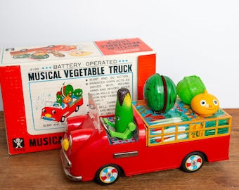 Battery Operated Musical Vegetable Fruit Truck Tin Toy 1960s