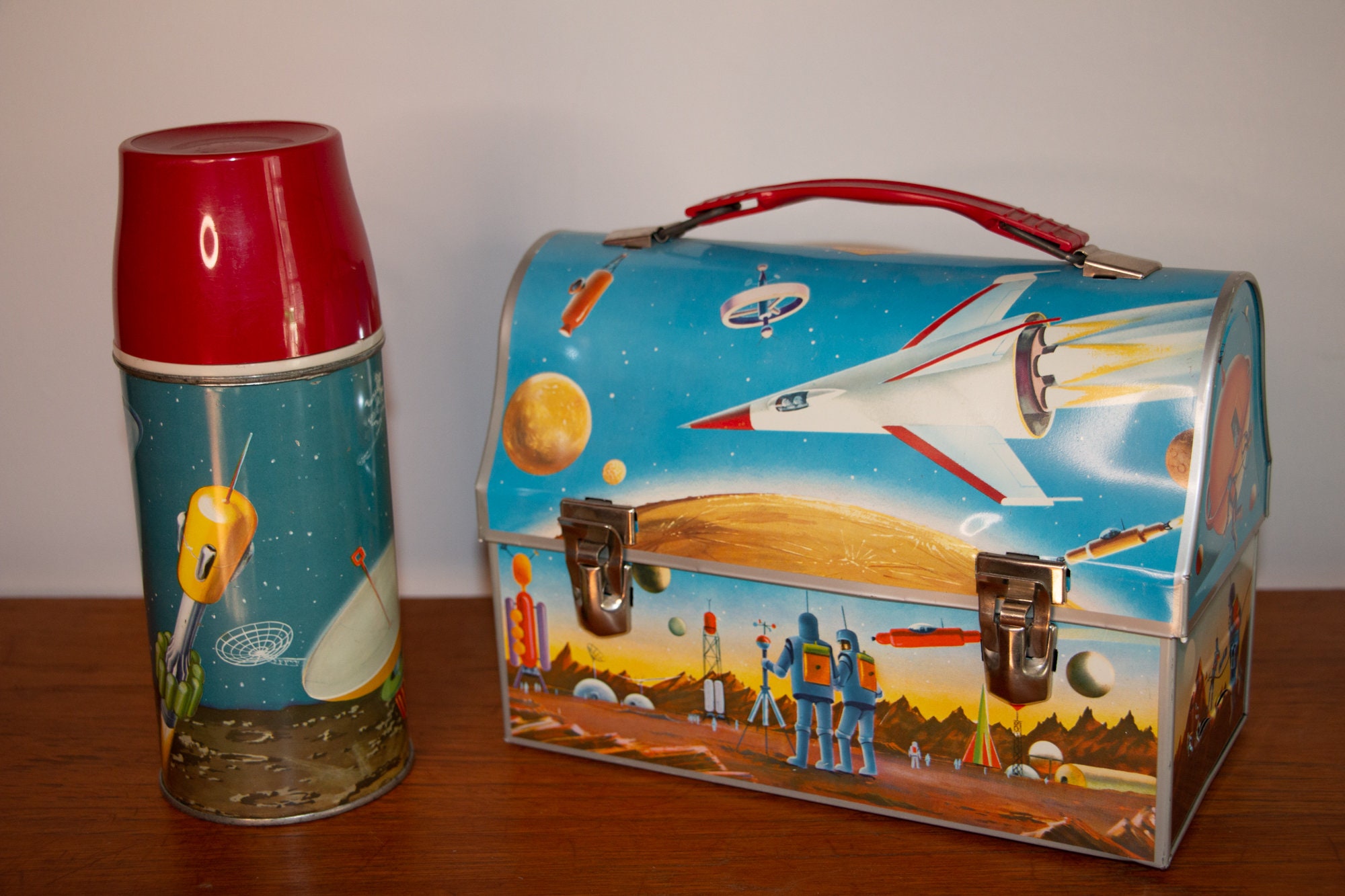 Golden Age Starfield Space Astronaut Dome Tin Thermos Lunch Box 