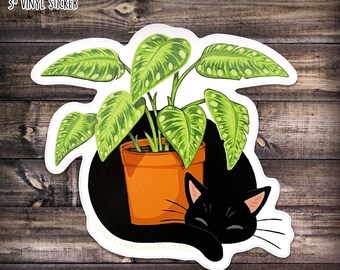 Sticker: Cozy Plant Kitty | Black Cat |