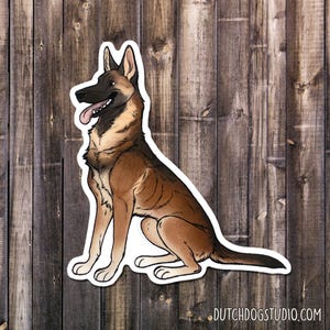 May include: A sticker featuring a cartoon illustration of a brown and black Belgian Malinois dog sitting with its tongue out.
