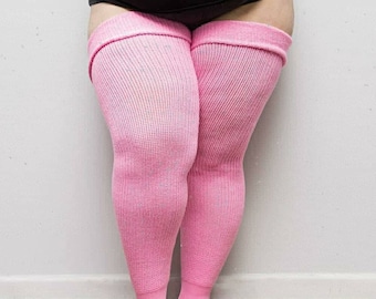 Womens Pink and Black Striped Thigh High Tights Hold Ups Elastic Adult Size NEW