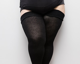 Jet BLACK Thigh High Socks Wool Blend 