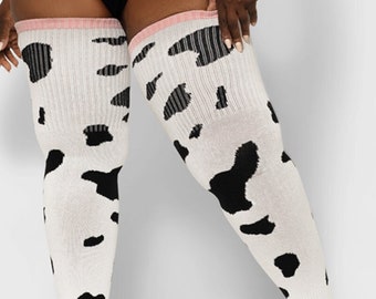 Real PLUS Size Thigh High Socks - Long, Cotton, Over the knee ,  Cosplay, for thighs 24-40 Inches  Thunda Tūbbies  COW PRINT Black Spots