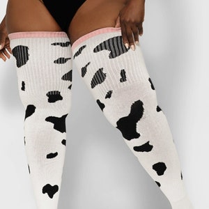 Real PLUS Size Thigh High Socks - Long, Cotton, Over the knee ,  Cosplay, for thighs 24-40 Inches  Thunda Tūbbies  COW PRINT Black Spots