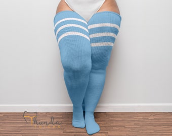 REAL PLUS SIZE Thigh Highs Thunda Thighs | Long Knee Socks, Thigh High Socks for thighs 27-42'' | Pastel Blue & Stripes + Free Thigh Belts