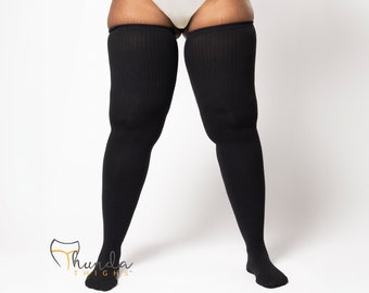 Real PLUS Size Thigh High Socks - Long, Cotton, Over the knee,  Cosplay, for thighs 24-35 Inches NY HI - Onyx