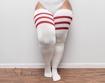 REAL PLUS SIZE Thigh Highs Thunda Thighs | Long Knee Socks, Thigh High Socks for thighs 27-42'' | Red & White Stripes