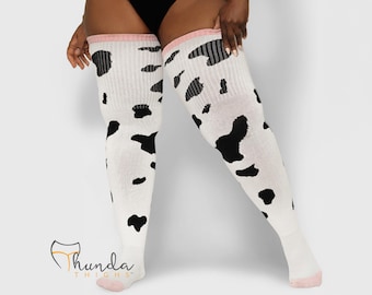 Thunda Thighs - Plus Size Thigh High Socks - Thunda Tubbies - Cow Print - White & Black Spots