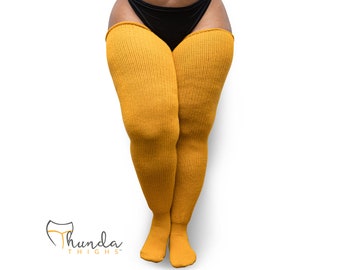 Calcetines hasta el muslo de talla grande REAL: medias hasta la rodilla extralargas, gruesas y cálidas, muslos Thunda para muslos 27-40 Amarillo mostaza + cinturones para muslos gratis