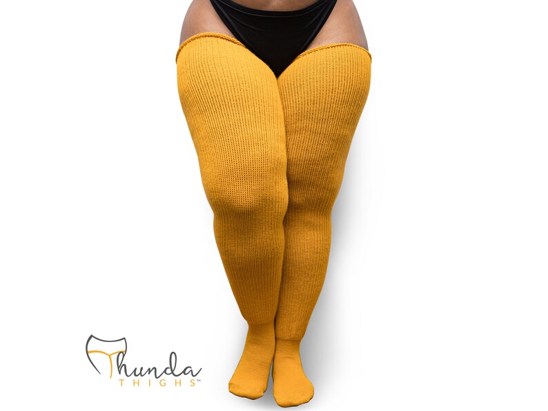 Calcetines hasta el muslo de talla grande REAL: medias hasta la rodilla extralargas, gruesas y cálidas, muslos Thunda para muslos 27-40 Amarillo mostaza imagen 1