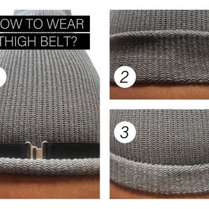 May include: A gray knitted garment with a black belt and silver buckle. The image includes the text "HOW TO WEAR THIGH BELT?" and numbered sections demonstrating how to wear the belt. The garment is shown in three different views.