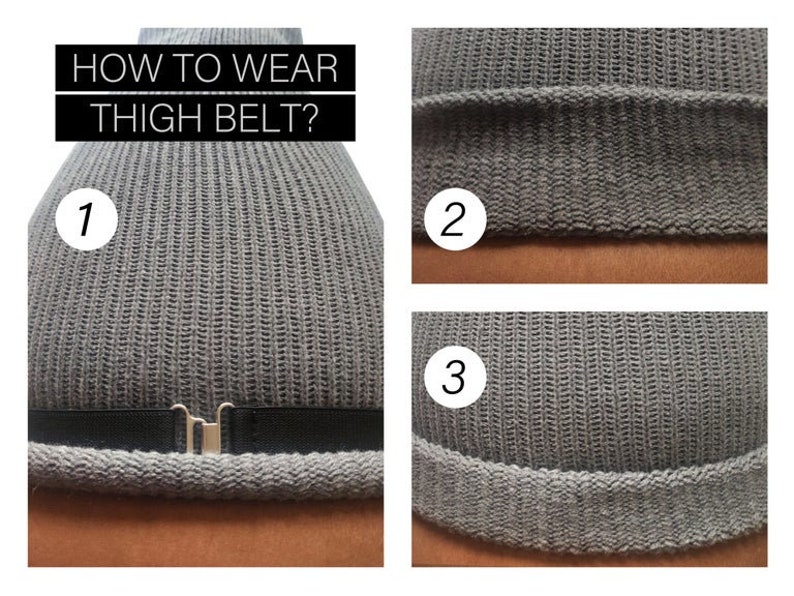 May include: A gray knitted garment with a black belt and silver buckle. The image includes the text "HOW TO WEAR THIGH BELT?" and numbered sections demonstrating how to wear the belt. The garment is shown in three different views.