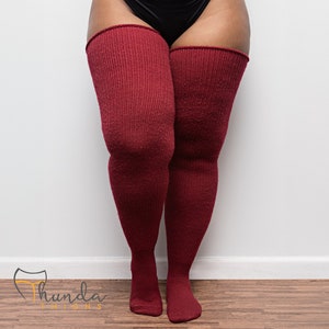 REAL PLUS SIZE Thigh High Socks - Extra Long, Thick, Warm, Knee Stockings, Thunda Thighs for thighs 27-40 Burgundy Wine + Free Thigh Belts