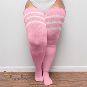 REAL PLUS SIZE Thigh Highs Thunda Thighs | Long Knee Socks, Thigh High Socks for thighs 27-42'' | Pastel Pink & Stripes