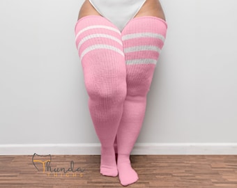 REAL PLUS TAMAÑO Muslos Altos Thunda Muslos / Calcetines Largos hasta la Rodilla, Calcetines Altos hasta el Muslo para muslos 27-42'' / Rosa Pastel y Rayas + Cinturones de Muslo Gratis