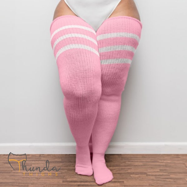 REAL PLUS SIZE Thigh Highs Thunda Thighs | Long Knee Socks, Thigh High Socks for thighs 27-42'' | Pastel Pink & Stripes + Free Thigh Belts