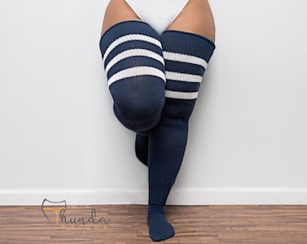 REAL PLUS SIZE Thigh High Socks - Extra Long, Thick, Warm, Knee Socks , Thunda Thighs for thighs 27-40 | Faded Navy + Free Thigh Belt