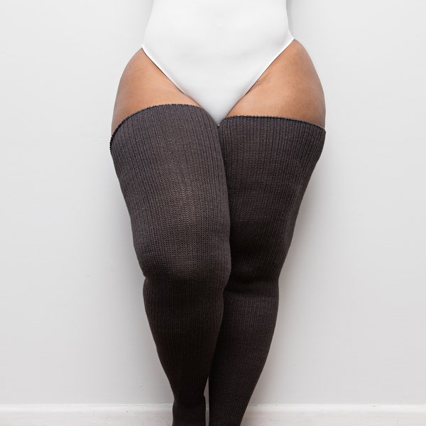 REAL PLUS SIZE Thigh High Socks - Extra Long, Thick, Warm, Knee Stockings, Thunda Thighs for thighs 27-40 | Charcoal Grey + Free Thigh Belts