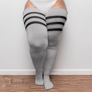 REAL PLUS SIZE Thigh Highs Thunda Thighs | Over the Knee Long Socks, Made for thighs 27-40'' |Grey & Black Stripes