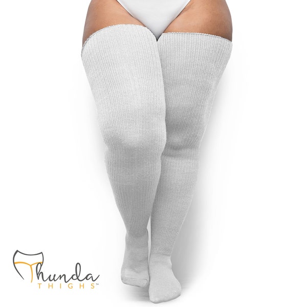 REAL PLUS SIZE Thigh High Socks - Extra Long, Thick, Warm, Knee Stockings, Thunda Thighs for thighs 27-40 | Snow White + Free Thigh Belts
