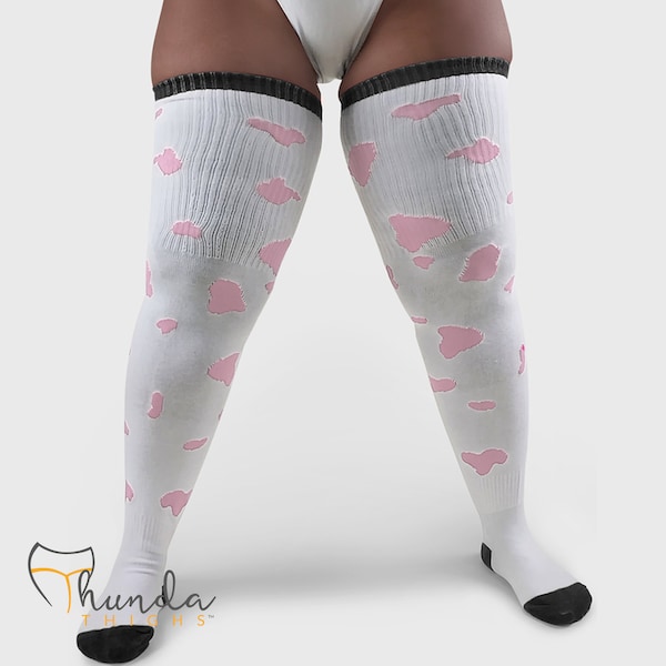 Real PLUS Size Thigh High Socks - Long, Cotton, Over the knee ,  Cosplay, for thighs 24-40 Inches  Thunda Tūbbies  COW PRINT Pink Spots