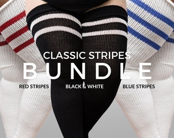 REAL PLUS SIZE Oberschenkel hohe Socken - extra lange, dicke, warme, über die Knie Strümpfe, für Oberschenkel 70-102 cm | Paket mit klassischen Streifen