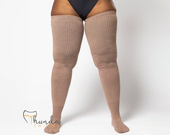 REAL PLUS SIZE Thigh Highs Thunda Tubbies | Over the Knee Long Socks, Made for thighs 27-42'' | Timeless Taupe + Free Thigh Belt Set