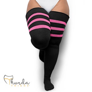 REAL PLUS SIZE Thigh Highs Thunda Thighs | Over the Knee Long Socks, Made for thighs 27-42'' | Black & Pink Stripes + Free Thigh Belt Set