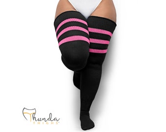 REAL PLUS SIZE Thigh Highs Thunda Thighs | Over the Knee Long Socks, Made for thighs 27-42'' | Black & Pink Stripes