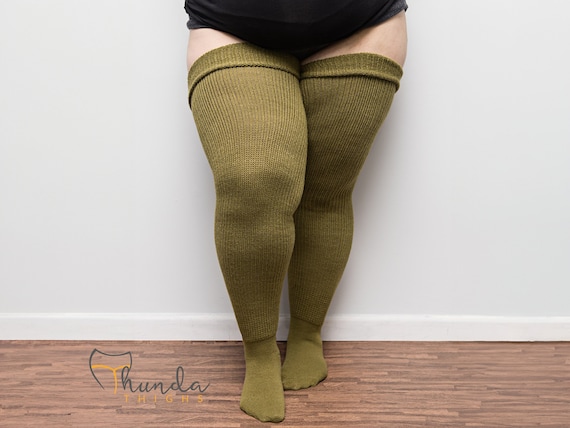 REAL PLUS SIZE Thigh High Socks extra Long, Thick, Knee Socks, Knee High  for Thighs 27-40 Inches Olive Green Free Thigh Belts 