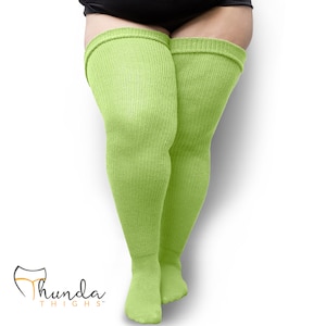 REAL PLUS SIZE Thigh High Socks - Extra Long, Thick, Warm,  Knee Stockings, Thunda Thighs for thighs 27-40 Lemon Lime + Free Thigh Belts