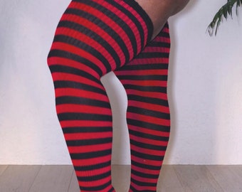 Calcetines hasta el muslo de talla grande real: largos, de algodón, RAYAS por encima de la rodilla, cosplay, para muslos de 24 a 40 pulgadas Thunda Tūbbies