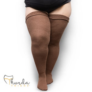 REAL PLUS SIZE Thigh High Socks - Extra Long, Thick, Warm, Knee Stockings, Thunda Thighs for thighs 27-40 | Saddle Tan + Free Thigh Belts