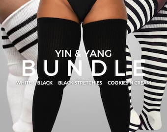 REAL PLUS SIZE Thigh High Socks - Extra Long, Thick, Warm, Over the knee stockings, for thighs 27-40' | Yin & Yang Bundle