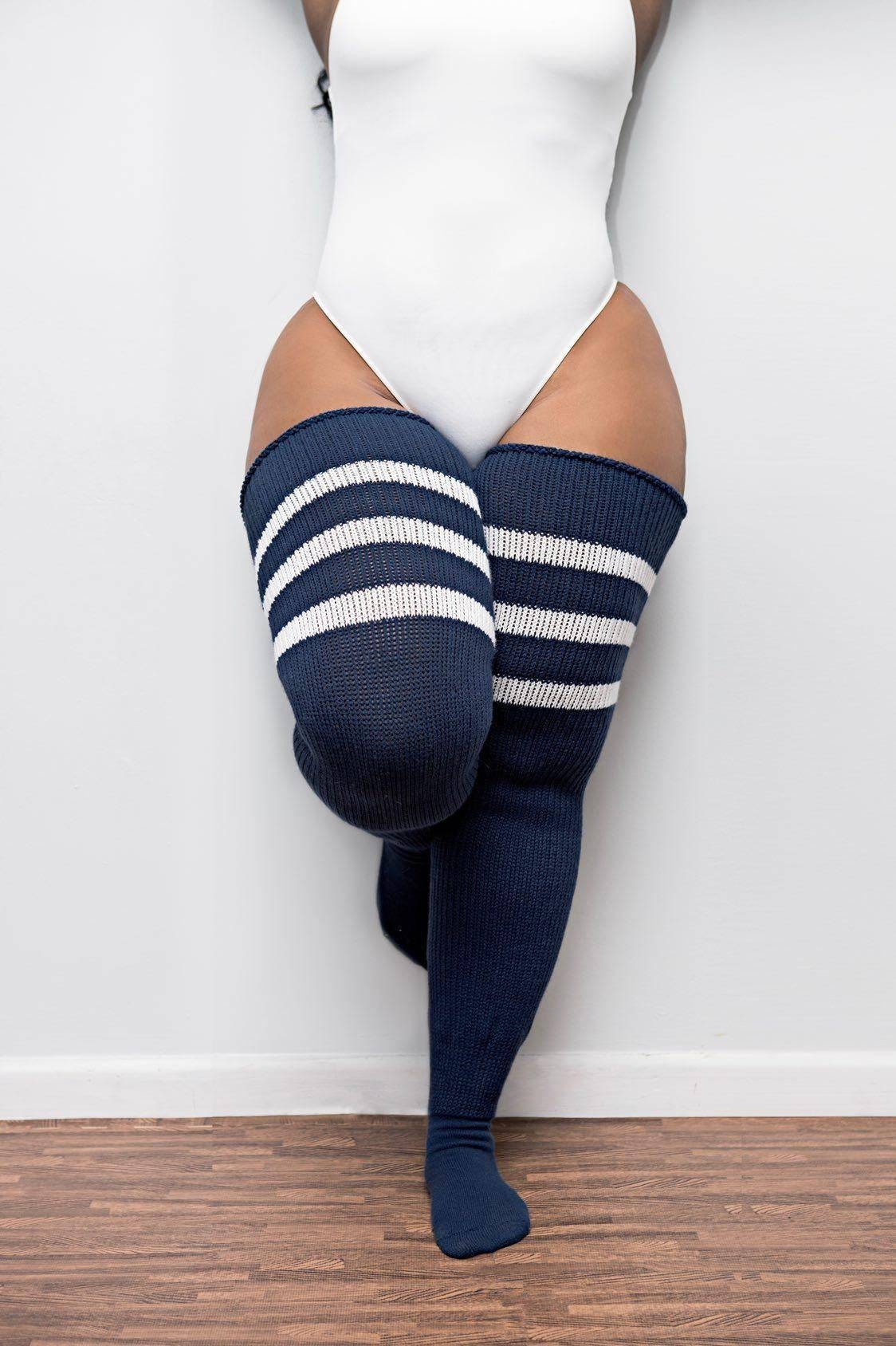 Over the Knee PLUS SIZE Thigh High Socks | Faded Navy & Stripes