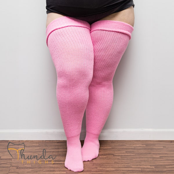 REAL PLUS SIZE Thigh Highs Thunda Thighs | Over the Knee Long Socks, Thigh High Socks for thighs 27-42' | Bubble Gum Pink + Free Thigh Belts