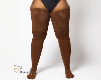 REAL PLUS SIZE Thigh Highs Thunda Tubbies | Over the Knee Long Socks, Made for thighs 27-42'' | Tubbies Chocolate + Free Thigh Belt Set