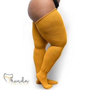 Calcetines hasta el muslo de talla grande REAL: medias hasta la rodilla extralargas, gruesas y cálidas, muslos Thunda para muslos 27-40 Amarillo mostaza imagen 2