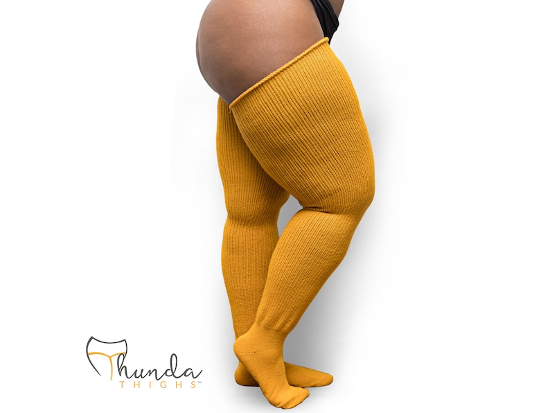 Calcetines hasta el muslo de talla grande REAL: medias hasta la rodilla extralargas, gruesas y cálidas, muslos Thunda para muslos 27-40 Amarillo mostaza imagen 2