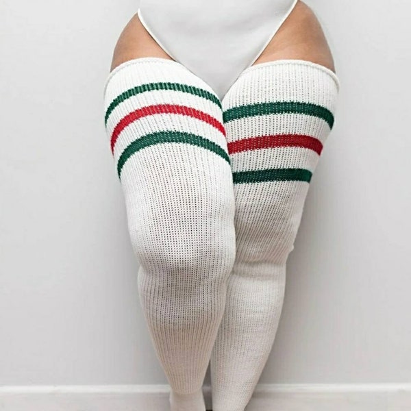 PLUS SIZE Thigh High Socks -  Long, Thick, Warm, Knee stockings, Thunda Thighs for thighs 27-40 | Red & Green Stripes + Free Thigh Belts