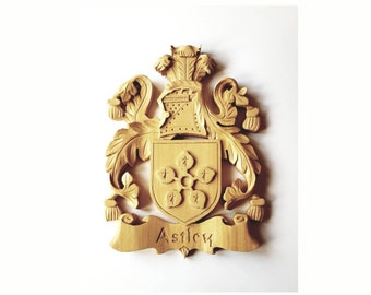 Hand Carved Wooden Family Crest: Custom Coat of Arms