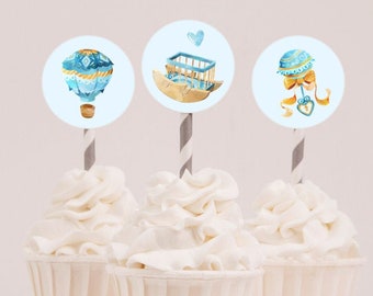 Edible Cupcake Toppers, Baby Shower Cupcake Toppers, Baby Shower Decor, Baby Boy Decor, Party Decor, Baby Rattle, Baby Crib, Hot Air Balloon