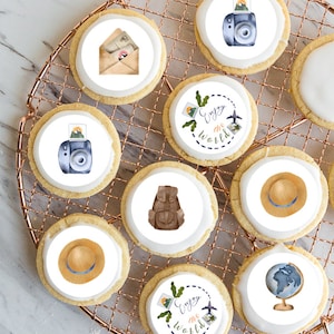 May include: A set of nine decorated cookies with travel-themed designs. The cookies feature images of a camera, a backpack, a hat, a globe, an envelope, and text that says "Enjoy the world".