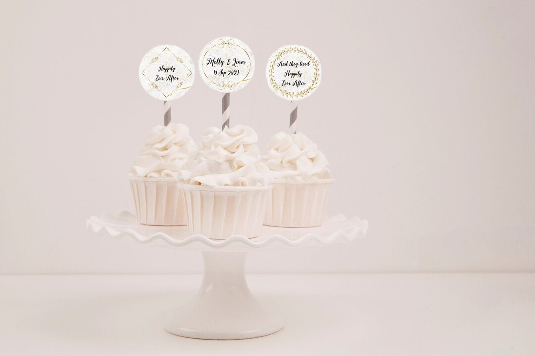 Edible Faux Gold Wedding Cupcake Toppers, Personalised Cupcake Toppers, Engagement Cupcake