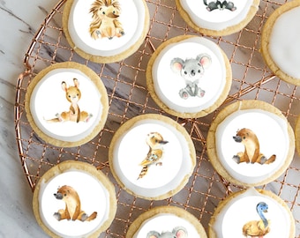May include: A close-up of a set of decorated cookies featuring various Australian animals, including a koala, a kangaroo, a kookaburra, an echidna, a platypus, an emu, and a Tasmanian devil. The cookies are arranged on a wire rack.