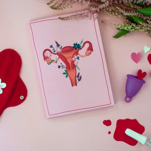 Könnte beinhalten: Eine Illustration der Gebärmutter mit floralen Akzenten auf einer rosa Karte, eine rote Menstruationsbinde mit einer Blume, ein violetter Menstruationsbecher und Papierherzen. Ein Tampon und ein roter Fleck sind ebenfalls vorhanden. Der Hintergrund ist rosa.