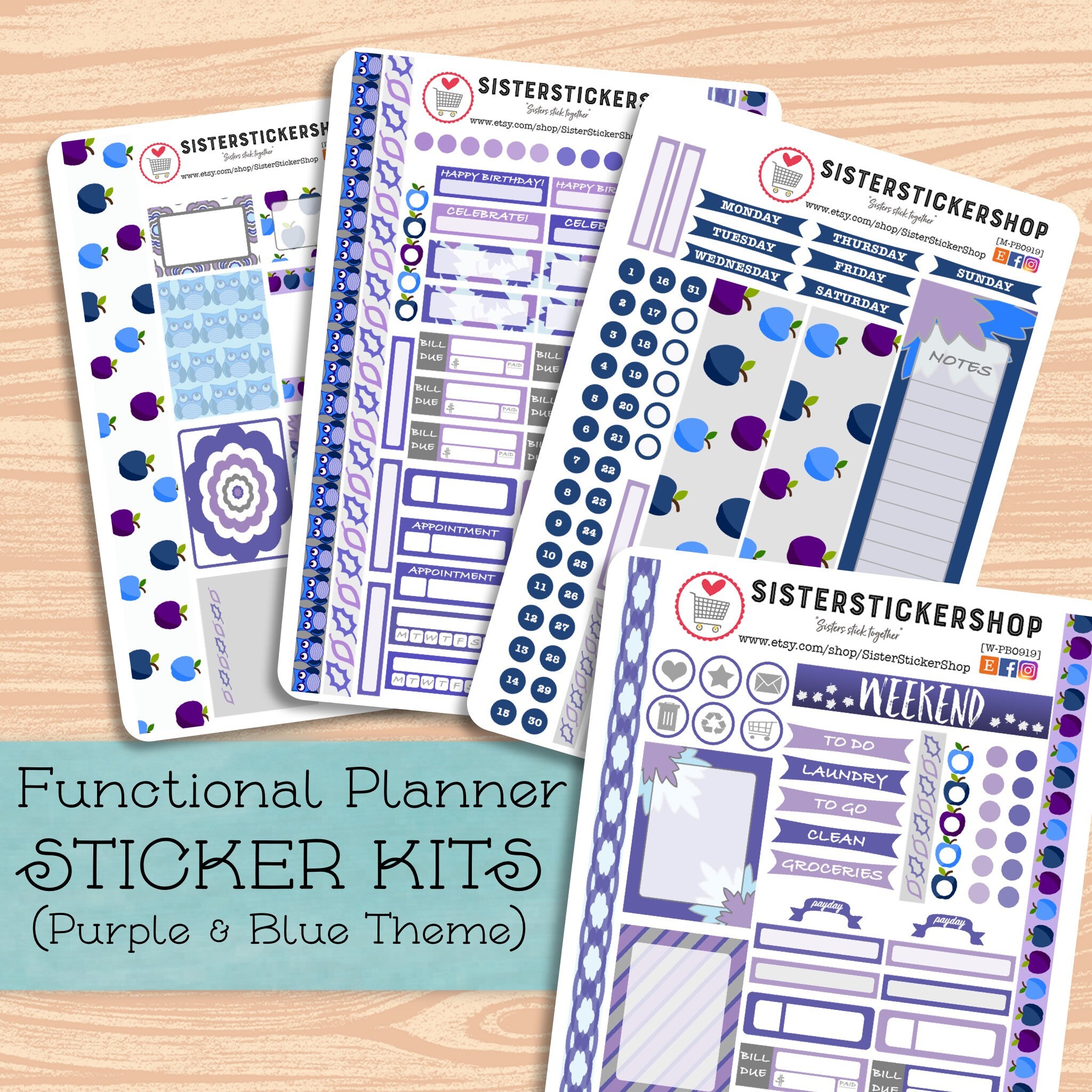 STICKER KIT Functional Planner Sticker Sheets Purple &amp; Blue | Etsy