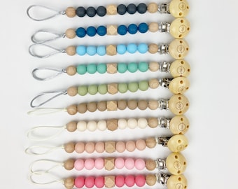 Silicone and Wood Bead Pacifier Clips : pacifier holder, sensory, metal and wood clip, easy to clean