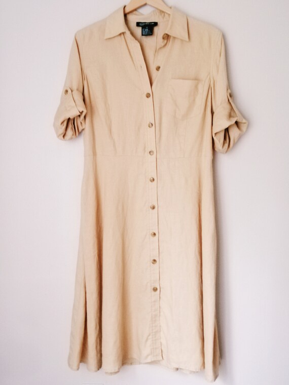 100% Linen Midi Length Shirt Dress Beige
