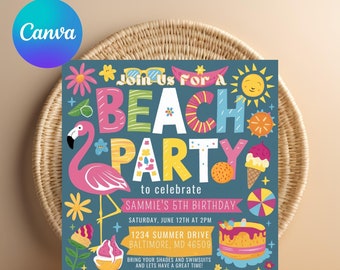 Customizable Canva Beach Party Invitation - Editable Birthday Invite for Kids, Tropical Summer Theme Digital Template